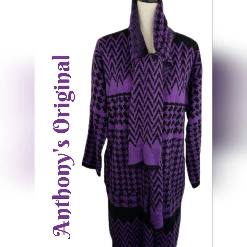 Anthony's Original Purple & Black  Midi One Button Built In Scarf Sweater Sz M